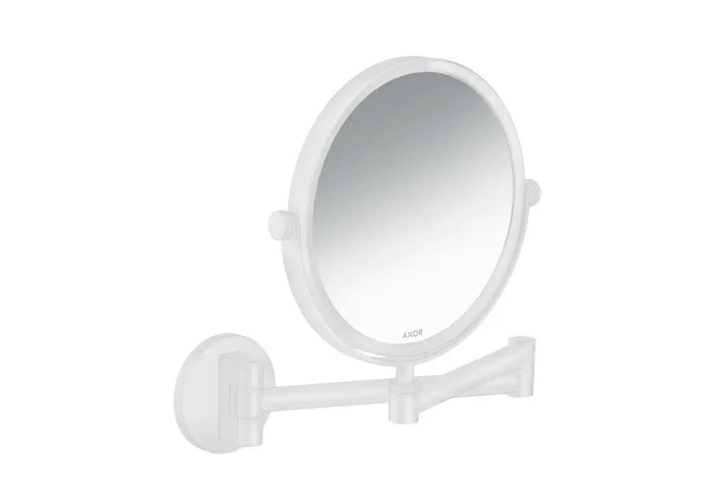 Wandmontierter Rasierspiegel mit rundem Spiegelglas und einem flexiblen Arm, in mattem Weiß, mit dem Logo von AXOR sichtbar.